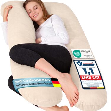 Подушка для вагітних ELONEO NEU для сну на боці, подушка для годування, XXL розмір, кремова, знімний чохол, подушка для читання, пральна