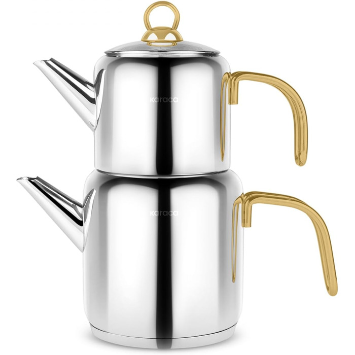 Набір для заварювання чаю Karaca New Mira Gold: чайник 1л та чайник-самовар 2л з нержавіючої сталі, індукційний, для турецького чаю