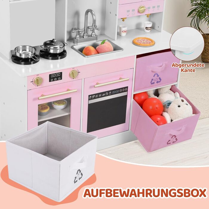 Дерев'яна дитяча кухня MAMIZO з підсвічуванням та звуком, іграшкова кухня для дітей, 90x30x90 см, з аксесуарами та 2 ящиками, іграшка для дітей від 3 років (Рожева)