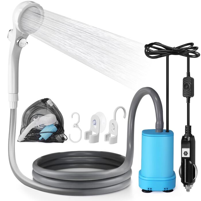 Портативна кемпінгова душ AUTOPkio 12V/24V з насосом для кемпінгу, авто, відпочинку на природі, миття тварин та поливу рослин (блакитна)