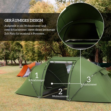 Намет тунельного типу для 4-6 осіб, кемпінговий з дверями та підлогою, водонепроникність 2000 мм, зелений