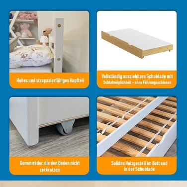 Ліжко дитяче Вробель Kinderbett 90x200 см з 2 ящиками та ламелями - односпальне ліжко з масиву сосни - ліжко Монтессорі для дітей - ліжко-ліжко для підлітків білого кольору - без матрацу