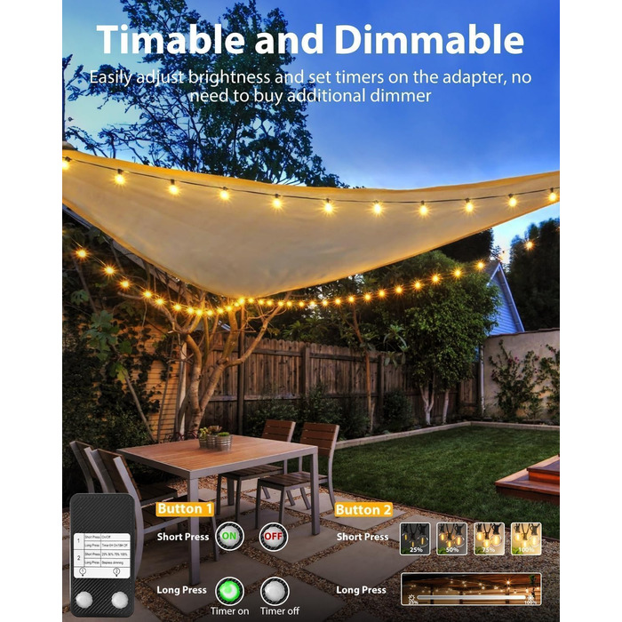 LED гірлянда для вулиці 23м - 75 футів, з таймером та регулюванням яскравості. 30+3 лампочки G40, тепле біле світло, ретро стиль, вологостійка гірлянда для тераси, вечірки, саду, патіо.