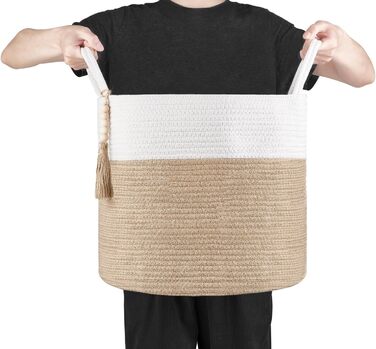 Кошик для білизни Mkono з натурального сизалю, плетений декоративний кошик для зберігання речей, жовто-білий, 40.6 x 35 см