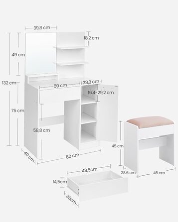 Туалетний столик VASAGLE з табуреткою, дзеркало, 2 полиці, 1 шухляда, білий/матовий біло-пастельний рожевий