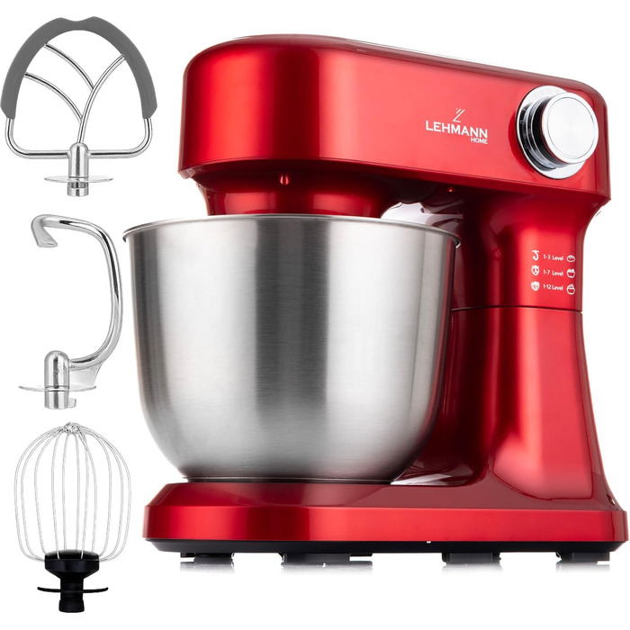 Кухонна машина Lehmann - планетарний міксер з набором аксесуарів - 3 насадки, кришка-розбризкувач, чаша 5л, 12 швидкостей, захист від перегріву, неслизька, червона