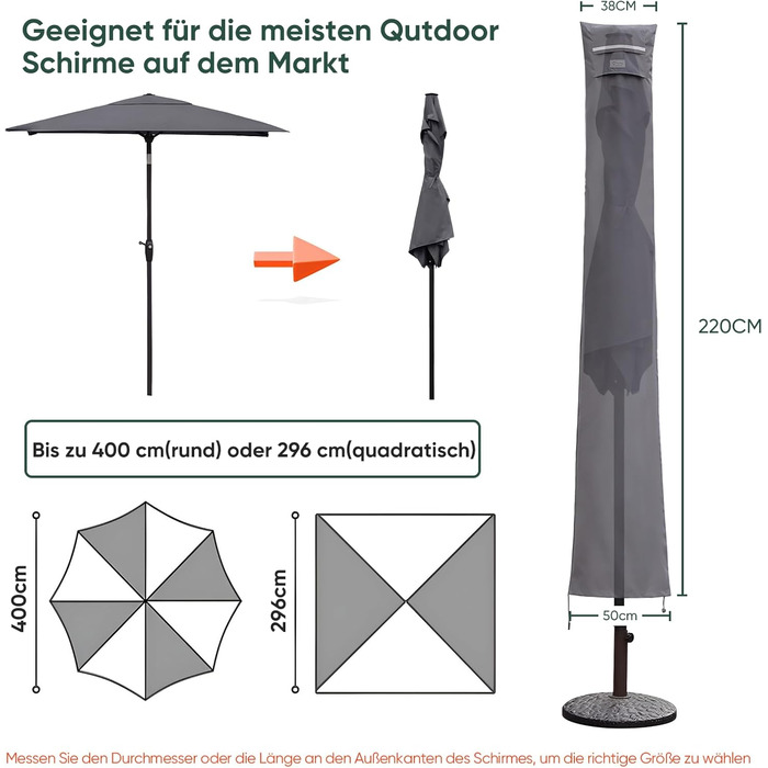 Захисний чохол для парасольки від сонця, сірий (220 x 30/50 см)