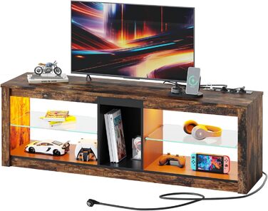 Тумба під TV Bestier, 160x35x52 см, для телевізорів до 65 дюймів, з RGB-підсвічуванням, керуванням кабелів та регульованою скляною полицею (140 см + розетка), колір - коричневий