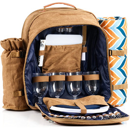 Рюкзак для пікніка CampFeuer 4P коричневий набір з 32 предметів в т.ч. тримач для пляшок, ковдра, відділення для холодильника, посуд, столові прилади