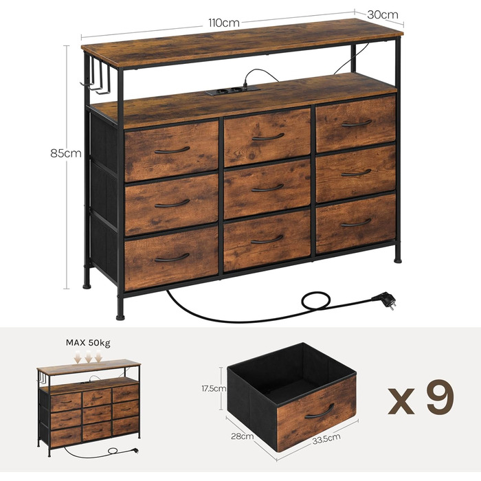 Комод WOLTU з 9 тканинними висувними ящиками, LED-підсвіткою та розетками, металевим каркасом, для вітальні, спальні, передпокою, рустикальний коричнево-чорний колір