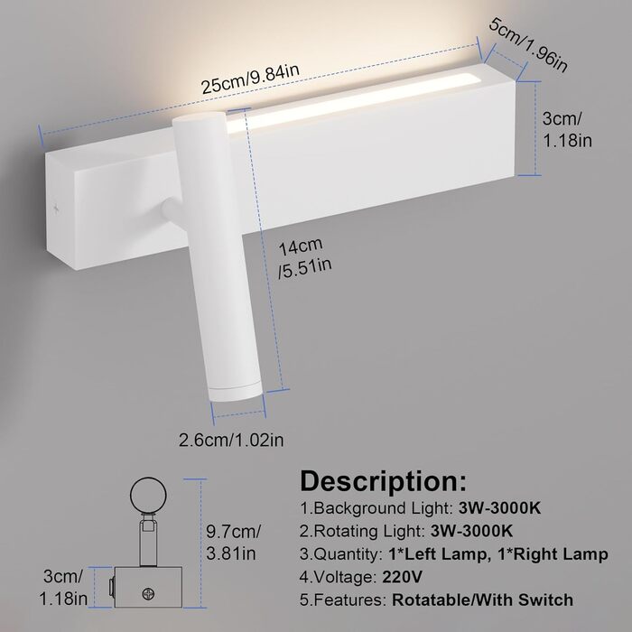 Світлодіодні настінні світильники, 3 Вт 3 Вт, 3000 К, 2 вимикачі, поворотний на 330, вітальня, алюміній, теплий білий, 2