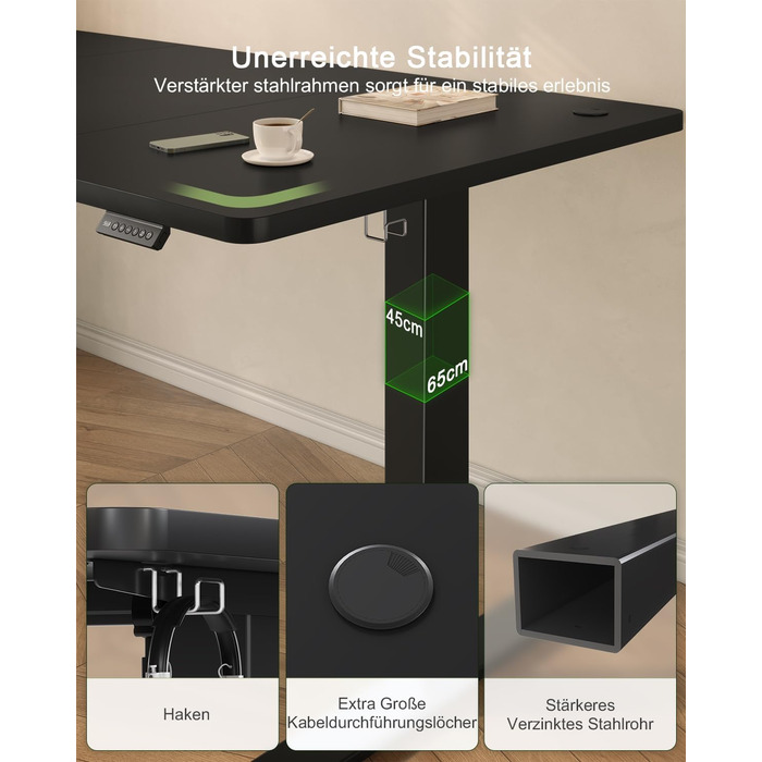 Електричний стіл JUMMICO з регулюванням висоти 120 x 60 см з USB-портом для зарядки, чорний