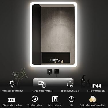 Дзеркало для ванної кімнати з підсвічуванням та годинником Boromal 50x70 см, диммер, 3 кольори світла, 2470 лм