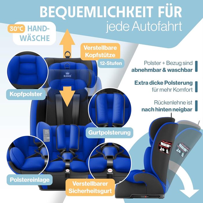 Автокрісло KIDIZ® 1+2+3 для дітей 9-36 кг з 5-точковим ременем безпеки, регульованою підголовником (синій), Isofix
