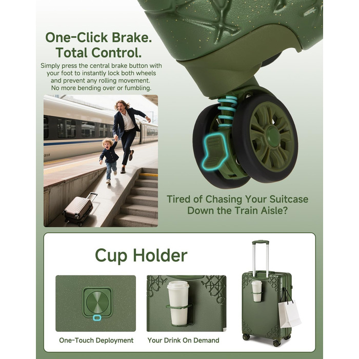 Набір валіз Sea Choice: 3 валізи з жорстким корпусом, розширювані, на 4 колесах, легкі, з TSA замком (зелений, ручна поклажа 20 дюймів)