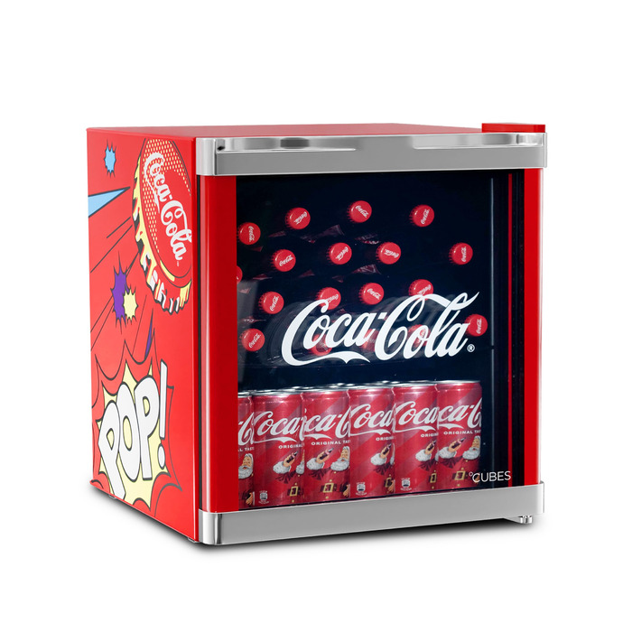 Міні-холодильник для напоїв °CUBES Original Coca-Cola PopArt червоний (48л) з glass-дверцяма, енергоефективний та безшумний — для офісу, геймінгу та вечірок