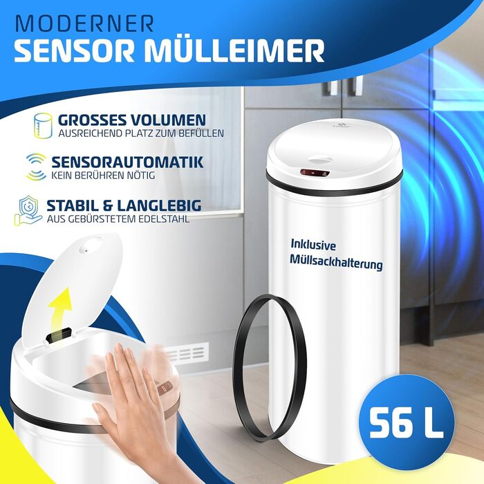 Відро для сміття KESSER Sensor з автоматичним відкриванням, 56 л, білий, нержавіюча сталь