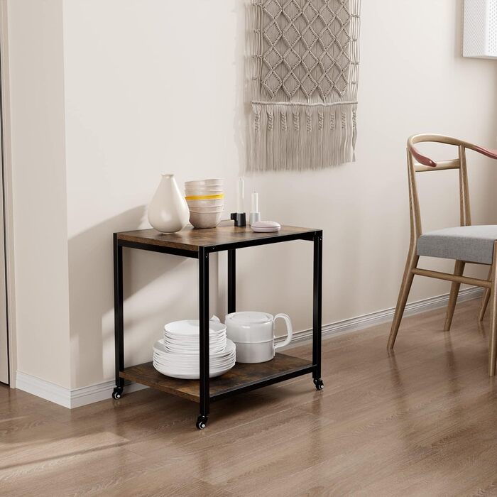 Двоярусний стіл для принтера Padma House з універсальними роликами 45 x 35 см, мобільний, з дерева та металу. Підставка для принтера, офісна візка для зберігання документів, сумісна з копіювальними машинами, сканерами, факсом. SZCJ-20401-BK (Rustikal Brau