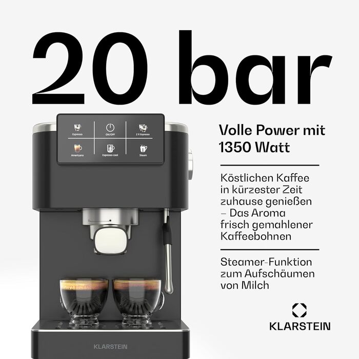 Klarstein SteelPresso Touch: Еспресо-машина з нержавіючої сталі, 20 бар, 1350 Вт, з інтегрованим капучинатором та сенсорним дисплеєм. Компактна кавомашина Klarstein чорного кольору.