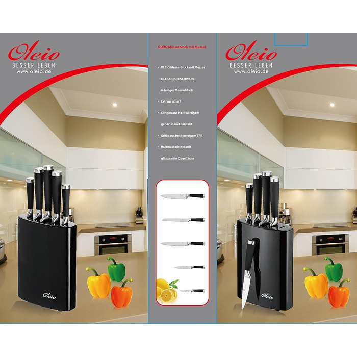 Набір ножів OLEIO PROFI SCHWARZ: 5 штук з дерев'яним підставкою, нержавіюча сталь