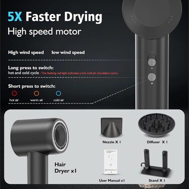 Професійний фен для волосся з високошвидкісним двигуном 160 000 об/хв, іонізацією 300 млн негативних іонів, 4 температурних режимах та 2 швидкостях, з дифузором та концентратором, чорний