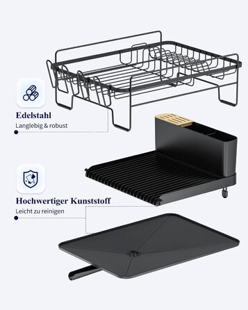 Сушилка для посуду Kitsure, висувна, багатофункціональна, з місцем для столових приборів, 67.8 x 32.7 x 14.9 см, чорна