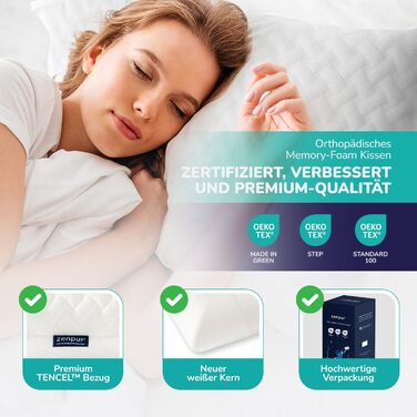 Ортопедична подушка ZenPur для шиї та плечей 40x60x13 см з Memory Foam, сертифікат Oeko-Tex, бежева