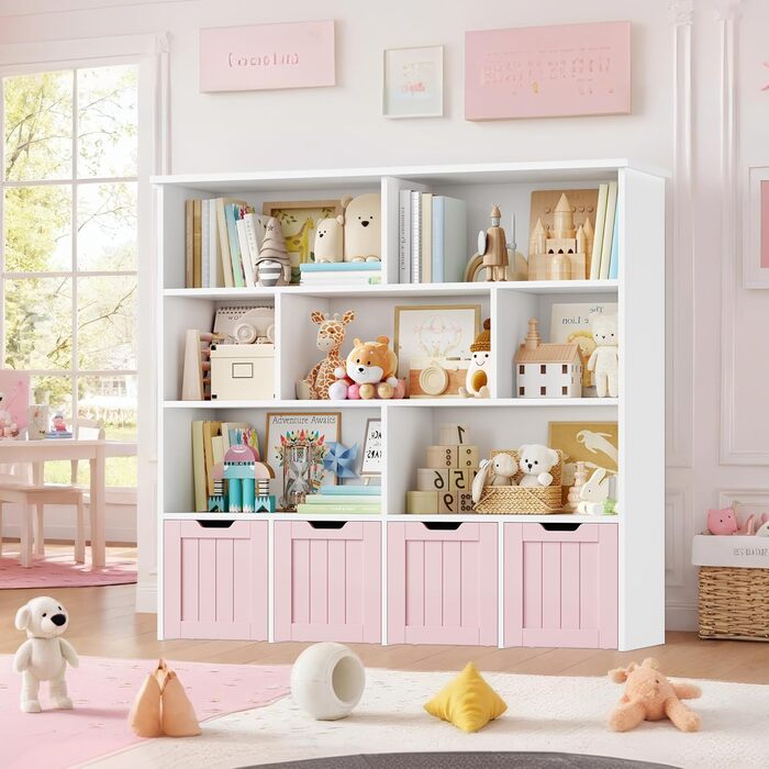 Дитяча полиця FOREHILL з коробками на колесах, 4 яруси, меблі для дитячої кімнати, іграшковий та книжковий стеллаж, рожевий, 125.5x33x118 см