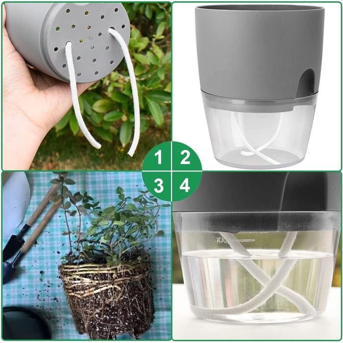 Набір горщиків для трав на кухню, самополив, 3 шт. – сад для кухні, 18.2x11x15.3 см, для свіжих кухонних трав (сірий, 6 шт.)