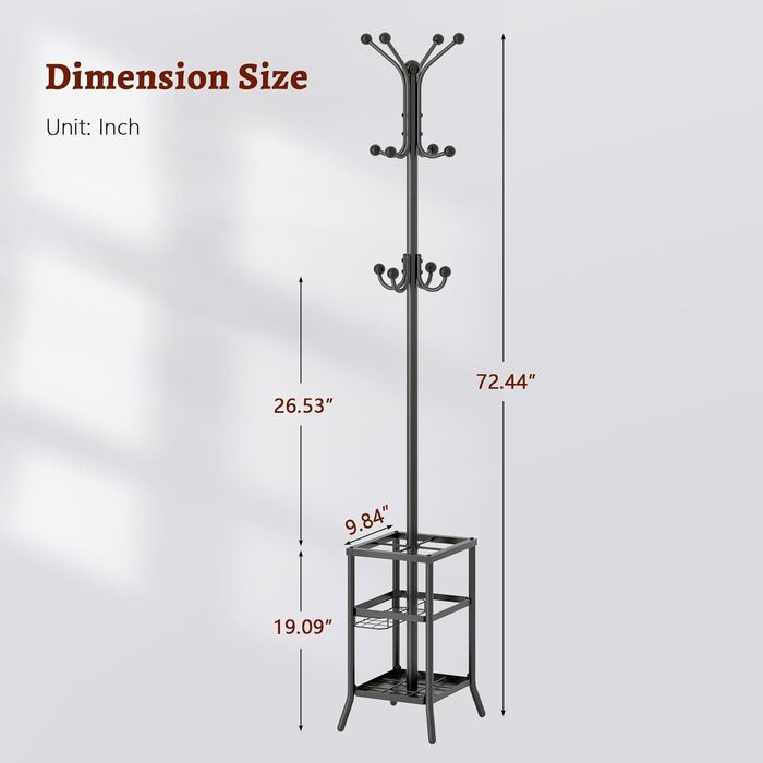 Настінна/підлогова вішалка для одягу FAVOOSTY з підставкою для парасольки, 12 гачків, срібна/чорна