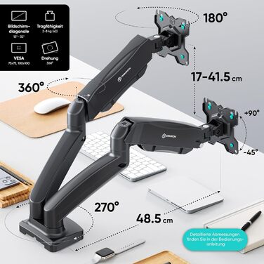 Кріплення для монітора ONKRON G160-W (2 монітори) - газ. підйомник, VESA 75x75-100x100, для моніторів 13-32