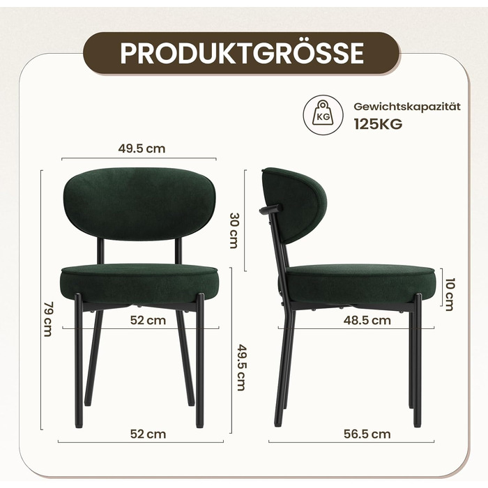 Обідні стільці COLAMY з м'яким сидінням 10 см – Сучасні крісла з плюшевої тканини Teddy, з міцним металевим каркасом – для кухні та вітальні, білий (зелений, набір 2 шт)