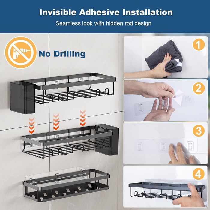 Настінна полиця для душу YEAUPE PRO з 3 ярусами – органайзер для ванної кімнати без свердління, для скляної душової кабіни, з 2 присосками, 6 гачками, міцний металевий, 78 см, до 18 кг, чорний