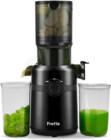 Фреш-прес Fretta Slow Juicer: повільний відцентровий соковичавник, 200W, великий завантажувальний отвір 108 мм, BPA-free Tritan, легке очищення (чорний)