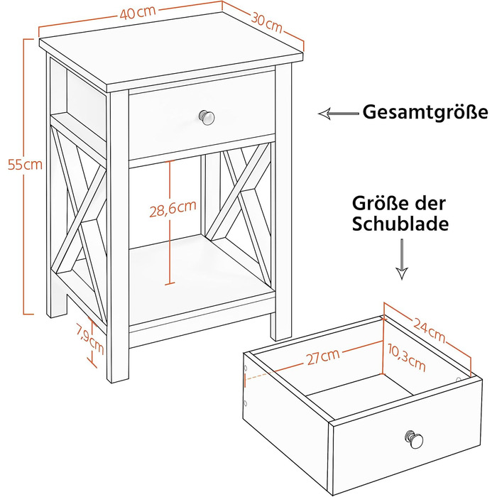Набір Yaheetech з 2 тумбочок з ящиком і полицею, Х-подібні ніжки, 40x30x55 см, сучасний для спальні/вітальні