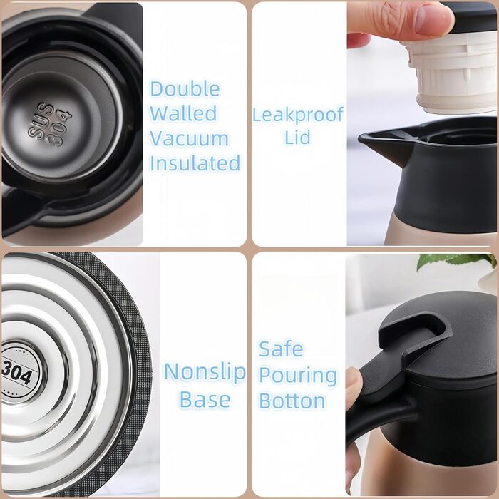 Термос-термокана 2л з нержавіючої сталі, двостінна вакуумна ізоляція, рожеве золото. Для кави, чаю та інших напоїв. Зберегає тепло/холод до 24 годин.