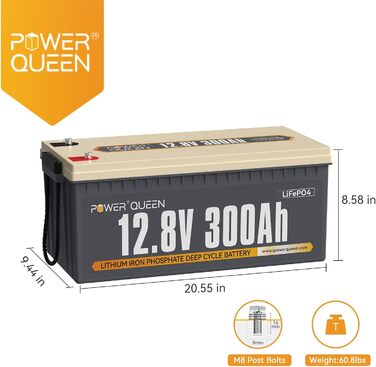 Акумуляторна батарея Power Queen 12,8 В 100 Ач LiFePO4, батарея 1280 Втгод зі 100 А BMS, 4000 циклів зарядки, ідеально підходить як джерело живлення для тягового тролінгового двигуна 30 70 фунтів, автофургонів, човна (12V300Ah)