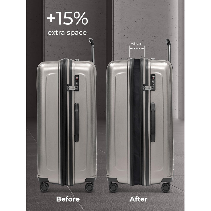 Набір валіз REDOLZ Essentials 14: S (55 см), M (66 см), L (77 см) з відділом для ноутбука, розширюваний, 4 колеса, TSA, Coffee Grey Metallic