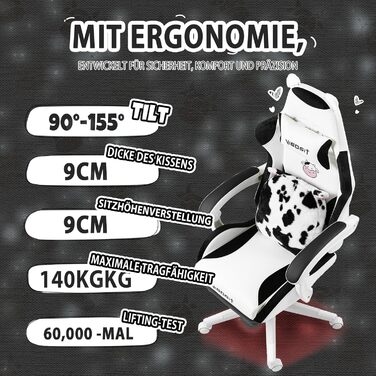 Ігровий крісло з милою формою та подушкою Каваї, ергономічний комп'ютерний ігровий стілець для дівчат з підтримкою попереку та підставкою для ніг, зручне відкидне крісло для підлітків (чорно-білий)