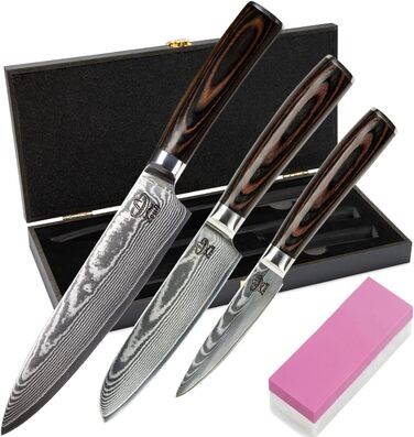 Набір кухонних ножів Дамаск 3 шт. (32, 24, 20 см) з каменем для заточування, дерев'яною ручкою, захистом леза та подарунковою коробкою. Перевірено TÜV, 62 HRC, сталь Дамаск з 67 шарів.