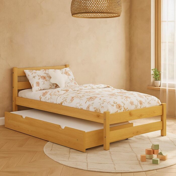 Ліжко дитяче Вробель Kinderbett 90x200 см з 2 ящиками та ламелями - односпальне ліжко з масиву сосни - ліжко Монтессорі для дітей - ліжко-ліжко для підлітків білого кольору - без матрацу