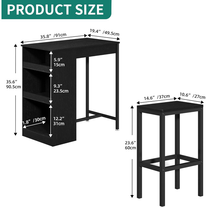 Набір барних столів YITAHOME з 3 предметів з 2 стільцями, металевий каркас, для дому/кухні (чорний)