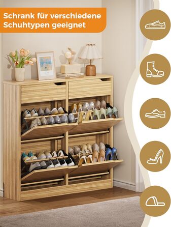 Шкаф для взуття IRONCK з 4 дверцятами, вузький, з 2 висувними ящиками, окремо розташований, з регульованими перегородками, для прихожого, входу та вітальні (білий). Матеріал: дерево. Розміри: 100x23.5x98 см