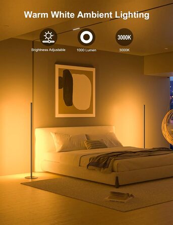 LED торшер для вітальні, білий з пультом ДУ, RGB 16 млн кольорів, синхронізація з музикою, 140 см, кутова лампа для ТВ, спальні, ігрової кімнати