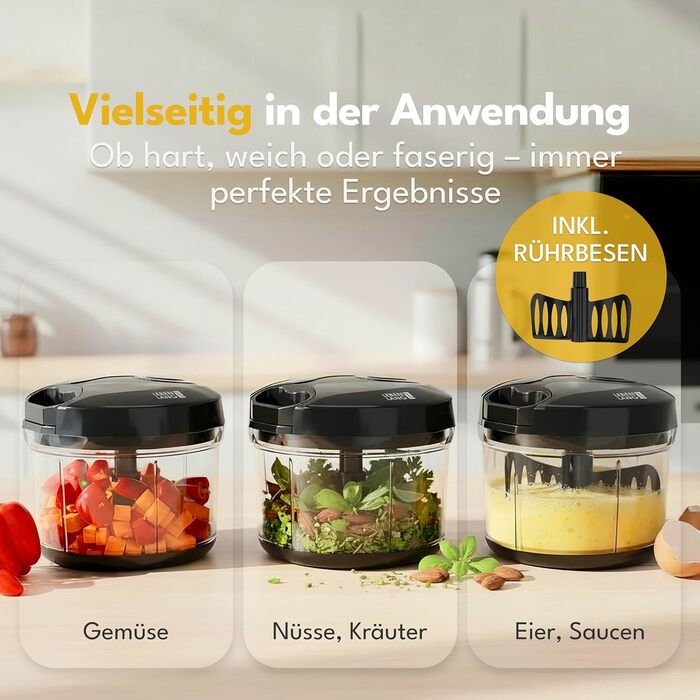 Ручний подрібнювач овочів та цибулі LEBENLANG 1л | Без BPA | Чорний | Для цибулі, часнику, овочів | Багатофункціональний кухонний подрібнювач