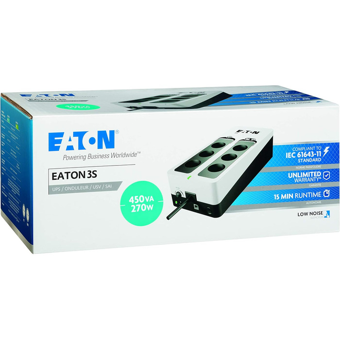 ДБЖ Eaton 3S Mini UPS 36 Вт 9/12/15/19 В постійного струму - ідеально підходить для захисту інтернет-маршрутизаторів (наприклад, FRITZ Box), IP-камери, домашні помічники та контролери розумного будинку - білий і чорний (450 ВА / DIN)