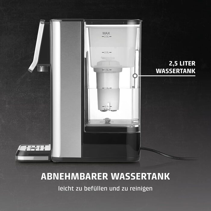 Диспенсер гарячої води CASO HW 630: 2600W, 40-100°C, 7 режимів дозування, 2.5л бак, фільтр, захист від накипу, дитячий режим, нержавіюча сталь