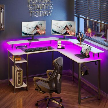 Комп'ютерний стіл Rolanstar L-подібний з RGB підсвічуванням та розетками, геймінговий стіл з полицею та гачками, для офісу, робочого кабінету, спальні (білий, 137 см), 137 x 137 x 87 см