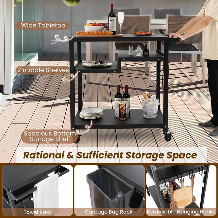 Візок для гриля Komfotteu з металу, садовий візок з робочим столом, 4 полиці та ручка, візок для гриля з 6 гачками та тримачем для сміттєвих пакетів, чорний