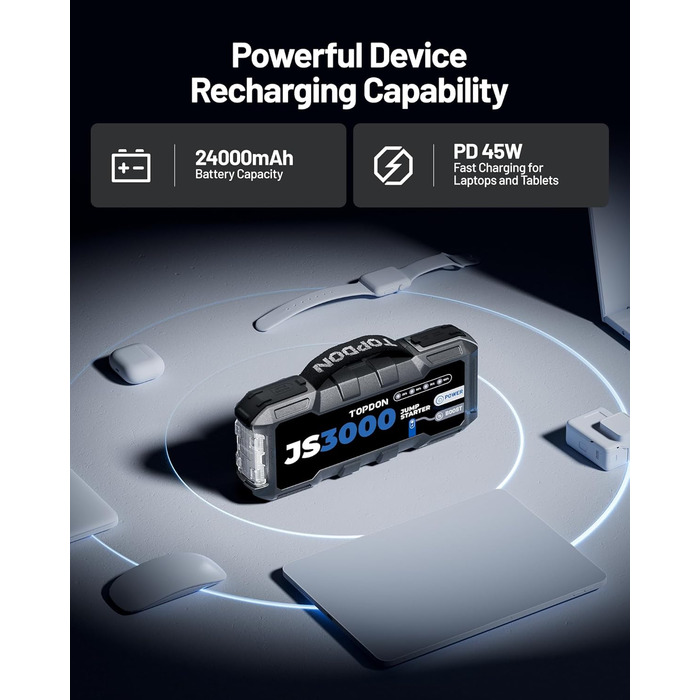 TOPDON JS3000 Powerbank-пускозарядний пристрій для авто, 24000mAh, 3000A, сумісний з бензиновими (9L) та дизельними (7L) двигунами, вбудований LED, EVA-сумка